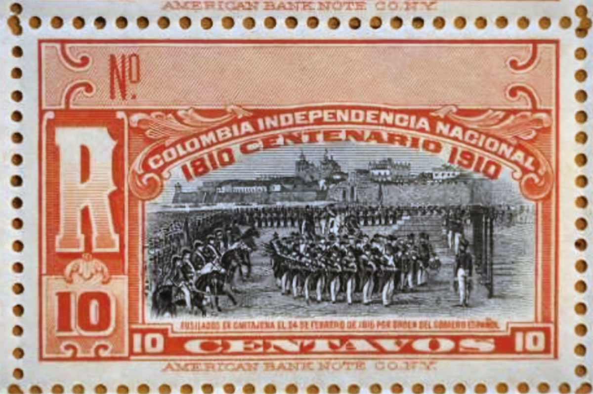 Estampilla del centenario nacional con la litografía de Luis Felipe Jaspe Franco